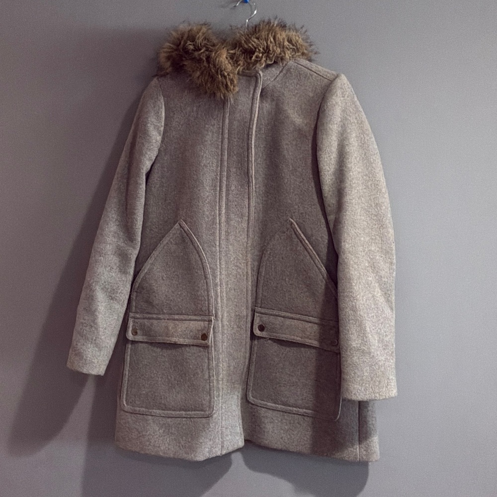 J. Crew grey wool Coat with Faux Fur Hood